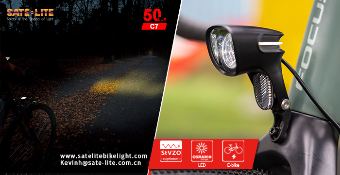 Sate-lite OSRAM 50lux ebike light ISO 6721-1 StVZO CE eletric bike headlight with ECE reflector front fork 6-58V